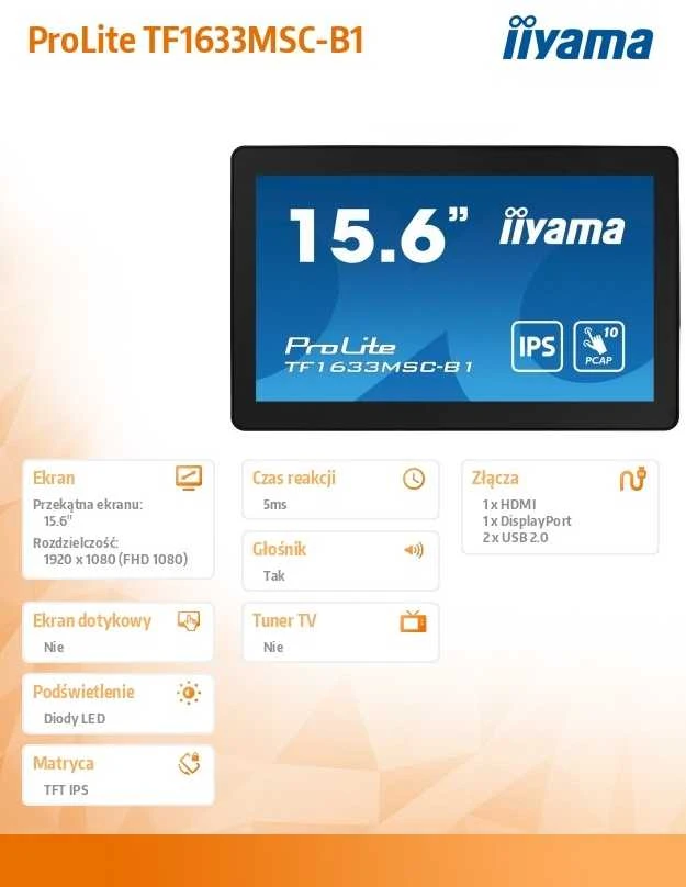 Monitorius iiyama TF1633MSC-B1-Touch 15.6" HDMI DP