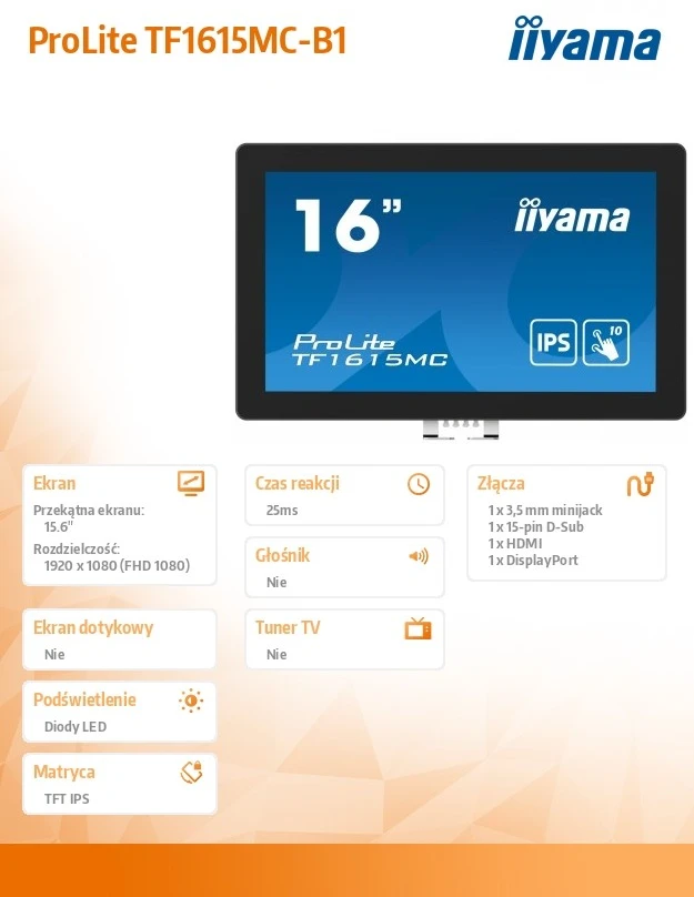 „iiyama TF1615MC-B1-Touch“ 16 colių HD monitorius