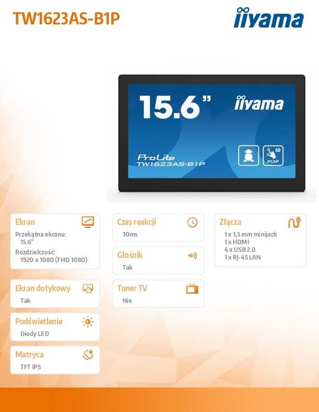 Monitorius IIYAMA TW1623AS-B1P 15,6 colių skydinis kompiuteris Rockchip RK3568 4GB 32GB su Android 13