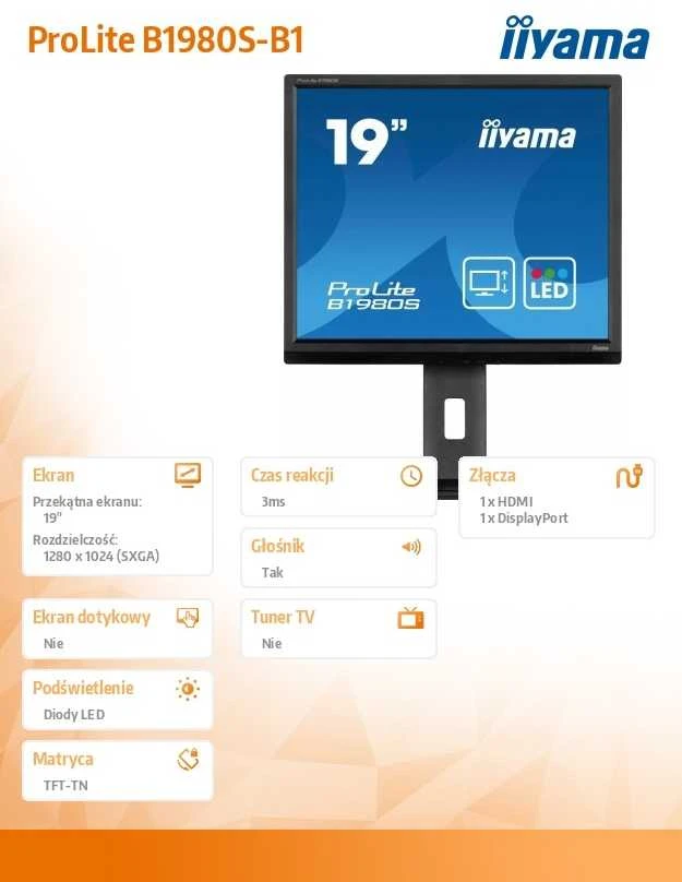 Monitorius iiyama ProLite B1980S-B1 - 75Hz | 1280 x 1024 | TN | 19" | 3ms