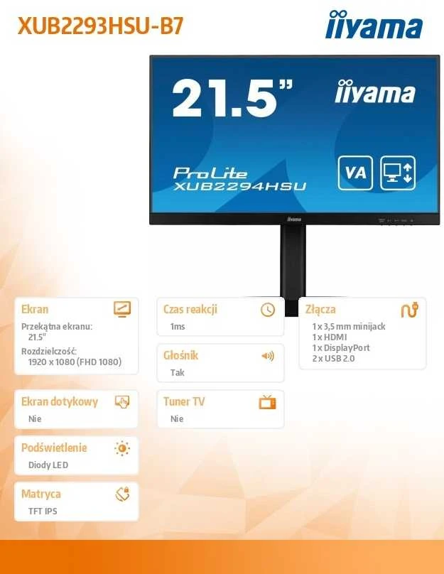 Monitorius iiyama ProLite XUB2293HSU-B7 - 100Hz | Full HD | 22'' | IPS | 1ms
