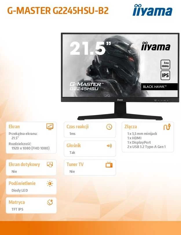 Monitorius IIYAMA G2245HSU-B2 21,5 colio IPS 1920x1080 300cd/m2 1ms HDMI DP USB