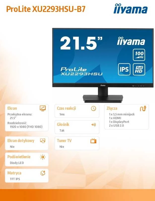 Monitorius IIYAMA XU2293HSU-B7 21,5 colio 1920x1080 300cd/m2 1ms HDMI DP USB