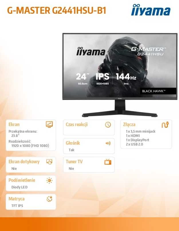 Monitorius iiyama G-Master G2441HSU-B1 Juodas Hawk - 144Hz | Full HD | IPS | 23.8"