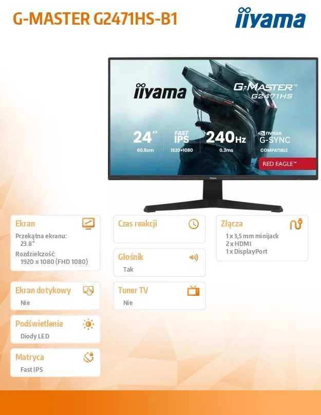 Monitorius iiyama G-Master G2471HS-B1 Raudona Eagle - 240Hz | Full HD | Fast IPS | 23.8"