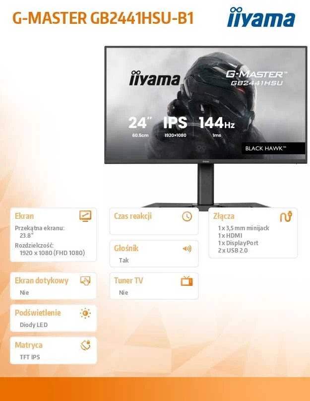 Monitorius iiyama G-Master GB2441HSU-B1 Juodas Hawk - 144Hz | Full HD | IPS | 23.8"