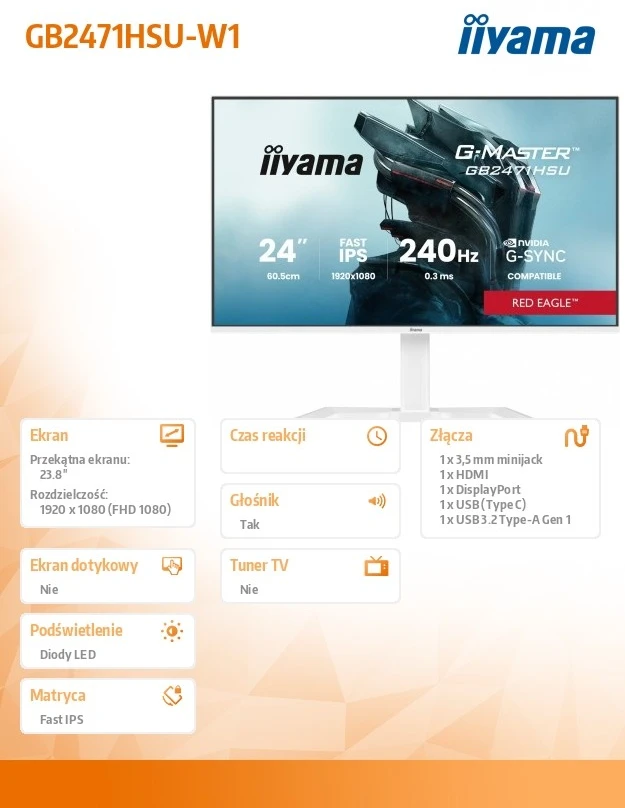 Monitorius IIYAMA 60.5 cm (24 inch) GB2471HSU-W1 16-9 2xHDMI+DP+USB-C IPS