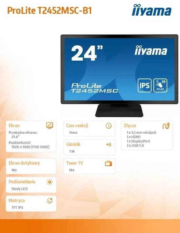 Monitorius „Iiyama“ 24 colių prijungtas PCAP 10P Touch, 1920 x 1080, IPS skydelis, plokščias rėmelis be stiklo, HDMI, ekrano prievadas, 360 cd/m² (su lietimu), USB šakotuvas 2x 3.0, garsiakalbiai, įmontuota interneto kamera ir mikrofonas