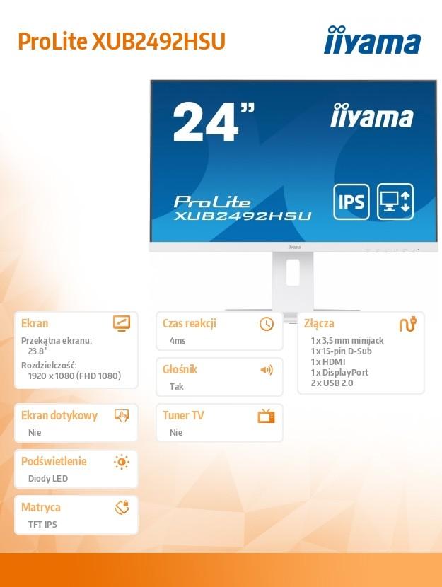 Monitorius Iiyama ProLite PROLITE XUB2492HSU-W5 - 1920 x 1080 FHD - 16:9 - 1000:1 - 250 cd/m² - 4 ms - 1 x DisplayPort (digital), 1 x HDMI (digital), 1 x VGA (analogue) - Baltas