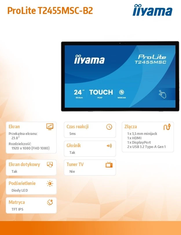 Monitorius iiyama ProLite T2455MSC-B2 23.8" Jutiklinis ekranas Ekranas