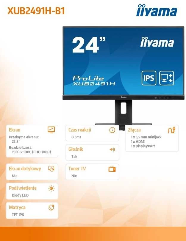 Monitorius IIYAMA XUB2491H-B1 24 colių IPS FHD 100Hz 300cd/m2 4ms HDMI DP 15cm Aukštis Adj. Stovi