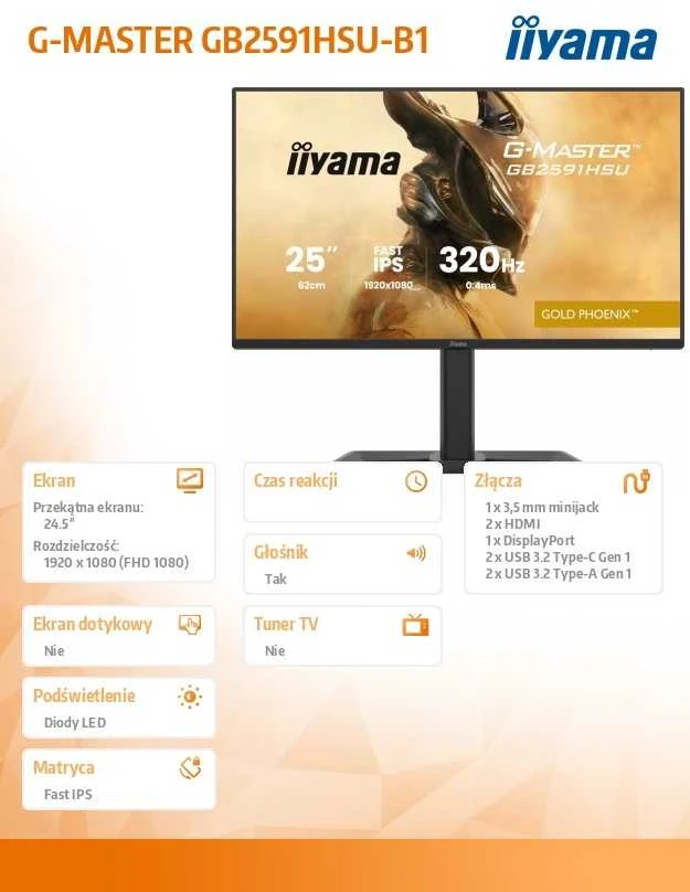 Monitorius iiyama G-Master GB2591HSU-B1 Gold Phoenix - 320Hz | Full HD | Fast IPS | 24.5" | HDMI 2.1 | DP 1.4 | HDR10 | USB-C