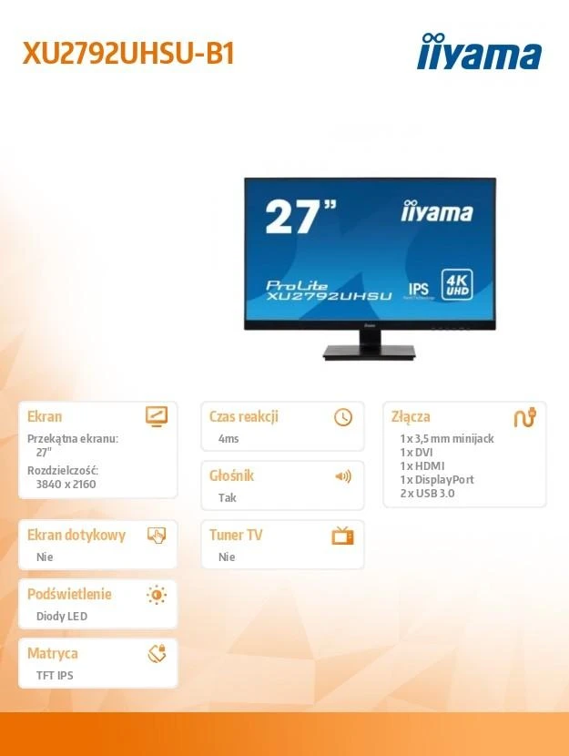 Monitorius iiyama ProLite XU2792UHSU-B1 LED ekranas 68,6 cm (27") 3840 x 2160 pikseliai 4K Ultra HD Juoda