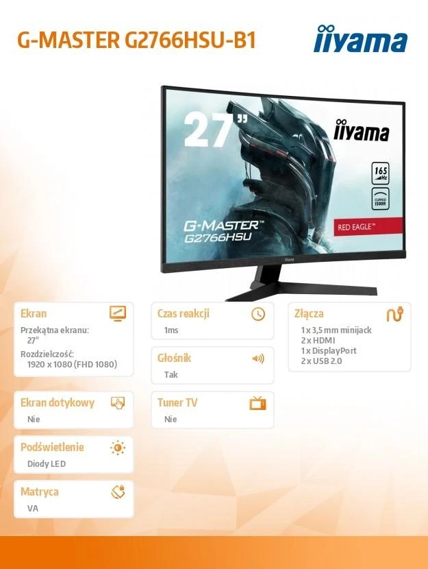 Monitorius IIYAMA G2766HSU-B1 27 colių ETE VA FHD Curved Gaming 1500R 16:9 3000:1 250cd/m2 1ms 2xHDMI