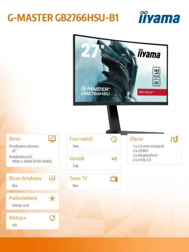 IIYAMA GB2766HSU-B1 27 colių ETE VA FHD Curved Gaming 1500R 16:9 3000:1 250cd/m2 1ms 2xHDMI