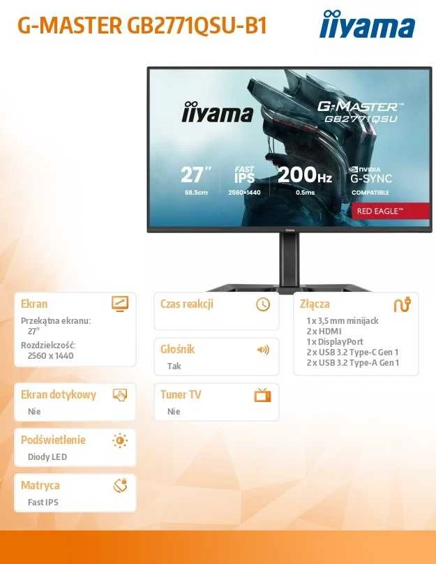 iiyama G-MASTER GB2771QSU-B1 computer monitorius 68.6 cm (27") 2560 x 1440 pikselių Wide Quad HD Juodas