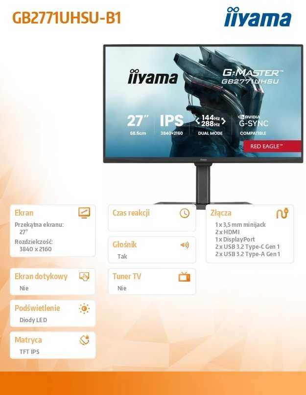 Monitorius Raudona Eagle iiyama G-Master GB2771UHSU-B1 Raudona Eagle - 144Hz 4K | 288Hz Full HD | IPS | 27"