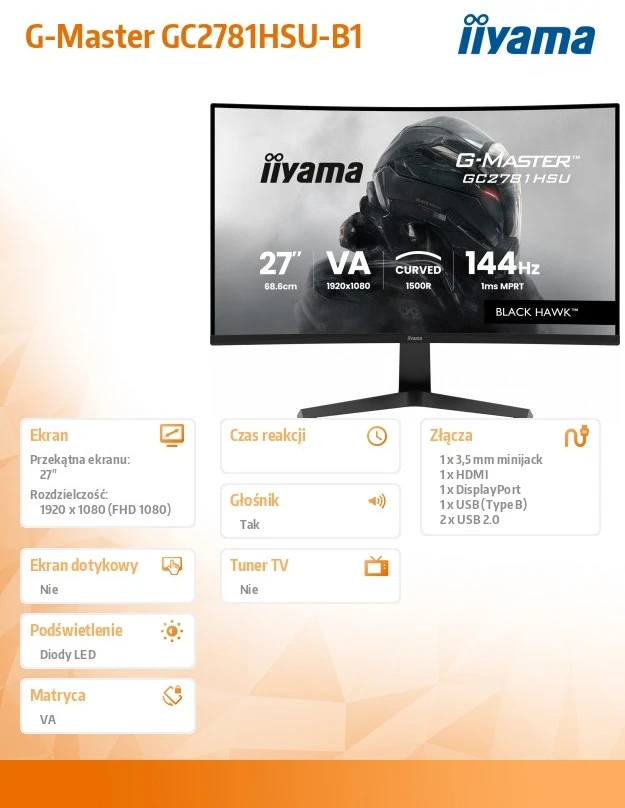 Monitorius iiyama G-Master GC2781HSU-B1 Juodas Hawk - 144Hz | Full HD | VA | 27"