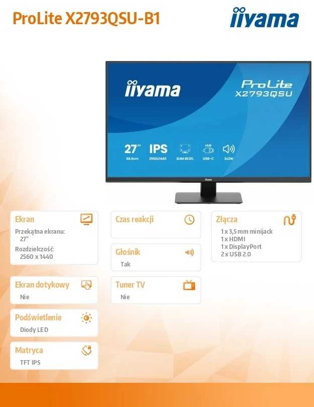 iiyama ProLite X2793QSU-B1 computer monitorius 68.6 cm (27") 2560 x 1440 pikselių Quad HD LED Juodas