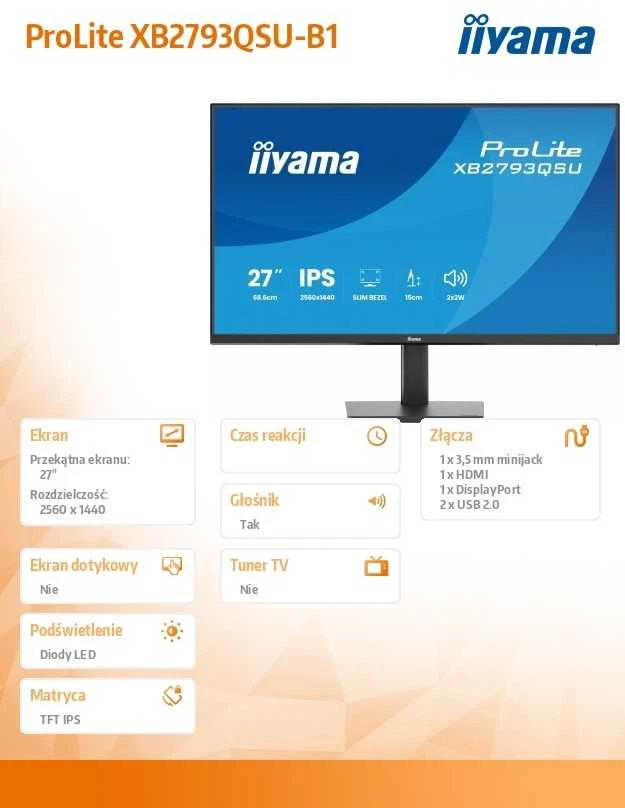Monitorius iiyama ProLite XB2793QSU-B1 - 75Hz | QHD | IPS | 27" | 1ms