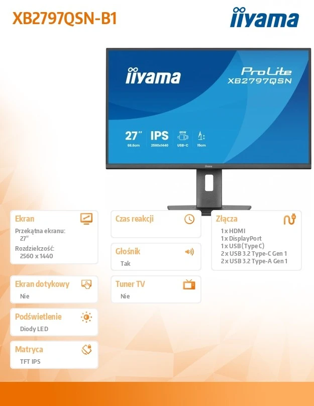 Monitorius iiyama ProLite XB2797QSN-B1 - 75Hz | QHD | IPS | 27" | USB-C PD65W | LAN