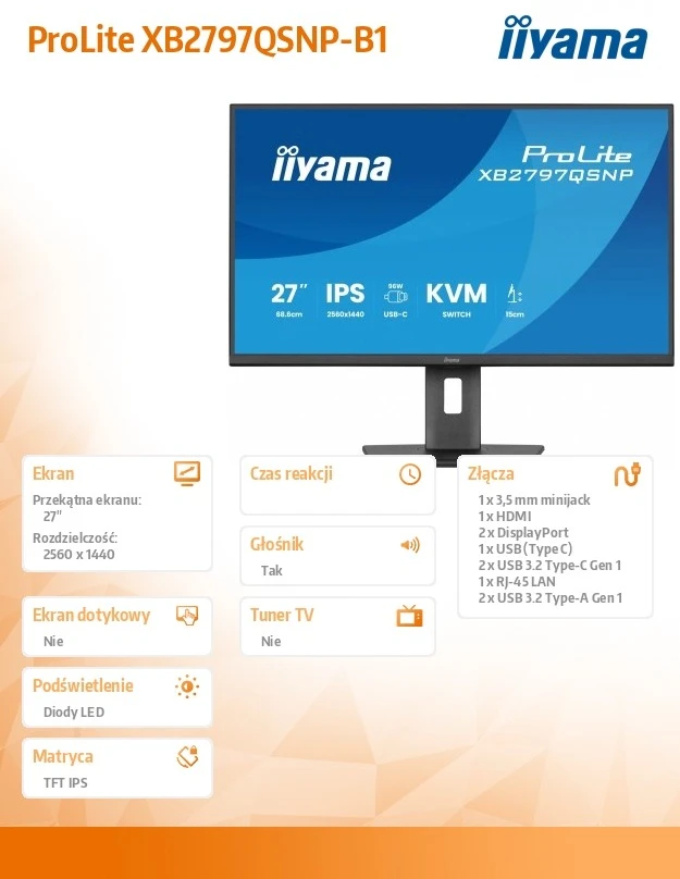 Monitorius iiyama XB2797QSNP-B1 27" QHD IPS USB-C Docking KVM LAN