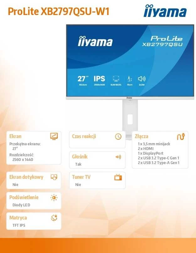 Monitorius iiyama ProLite XB2797QSU-W1 - 75Hz | QHD | IPS | 27" | 1ms