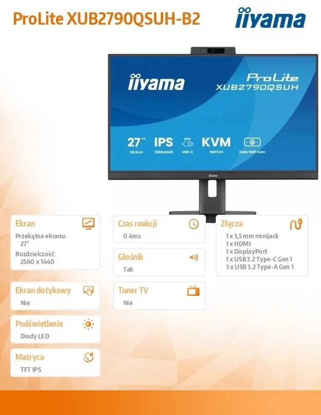 Monitorius iiyama ProLite XUB2790QSUH-B2 - 100Hz | QHD | IPS | 27" | Kamerka