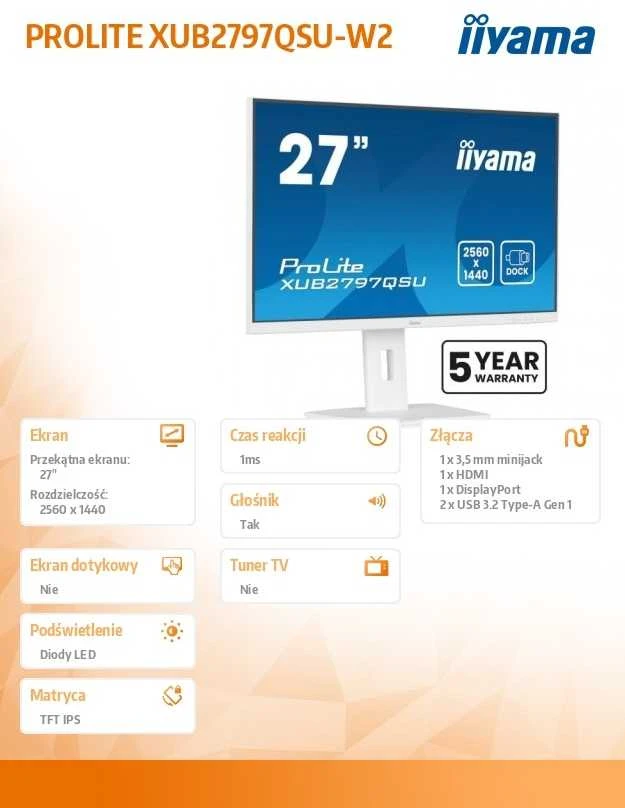 Monitorius IIYAMA XUB2797QSU-W2 27 colių 2560x1440 300cd/m2 1ms HDMI DP USB