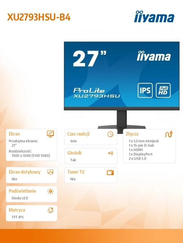 Iiyama ProLite XU2793HSU-B4 - LED monitorius - 27" - 1920 x 1080 Full HD (1080p) @ 75 Hz - IPS - 300 cd / m² - 1000:1 - 4 ms - HDMI, VGA, DisplayPort - garsiakalbiai - matinis juodas