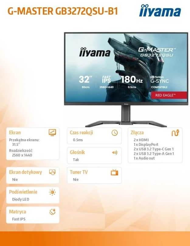 Monitorius „Raudona Eagle iiyama G-Master GB3272QSU-B1“ – „Raudona Eagle“ – 180 Hz | QHD | Greitas IPS | 31,5 colio