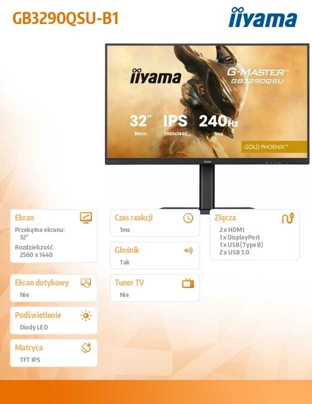 Monitorius „iiyama G-Master GB3290QSU-B1“ auksinis „Phoenix“ – 240 Hz | QHD | IPS | 31,5 colio