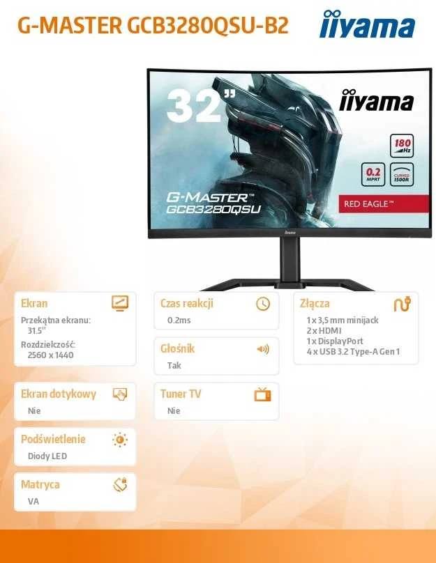 Monitorius Raudona Eagle iiyama G-Master GCB3280QSU-B2 Raudona Eagle - 180Hz | QHD | 31.5'' | VA | 0.2ms