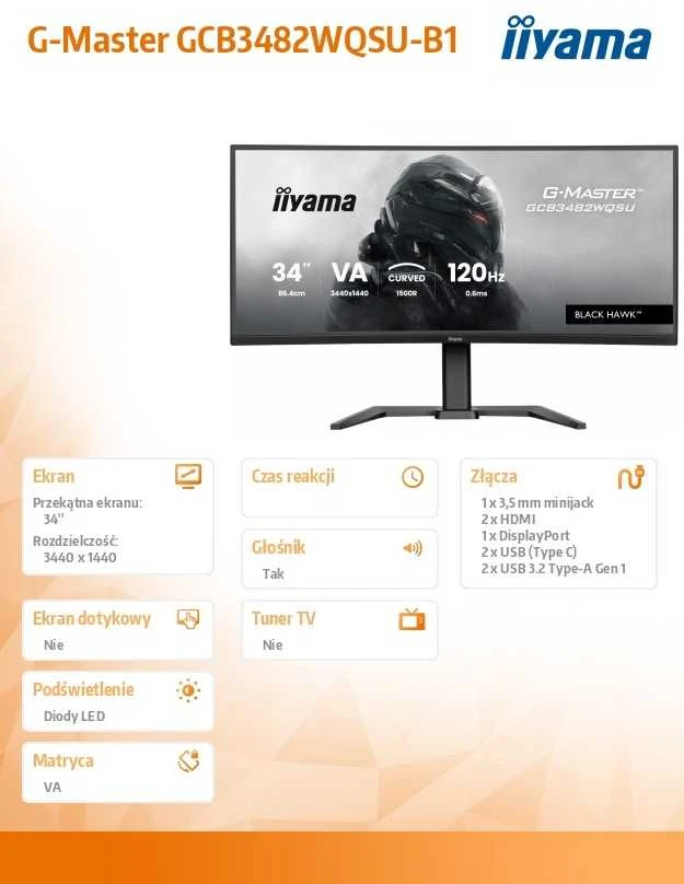 Monitorius iiyama G-Master GCB3482WQSU-B1 Juodas Hawk - 120Hz | UWQHD | 34'' | VA | 0.6ms