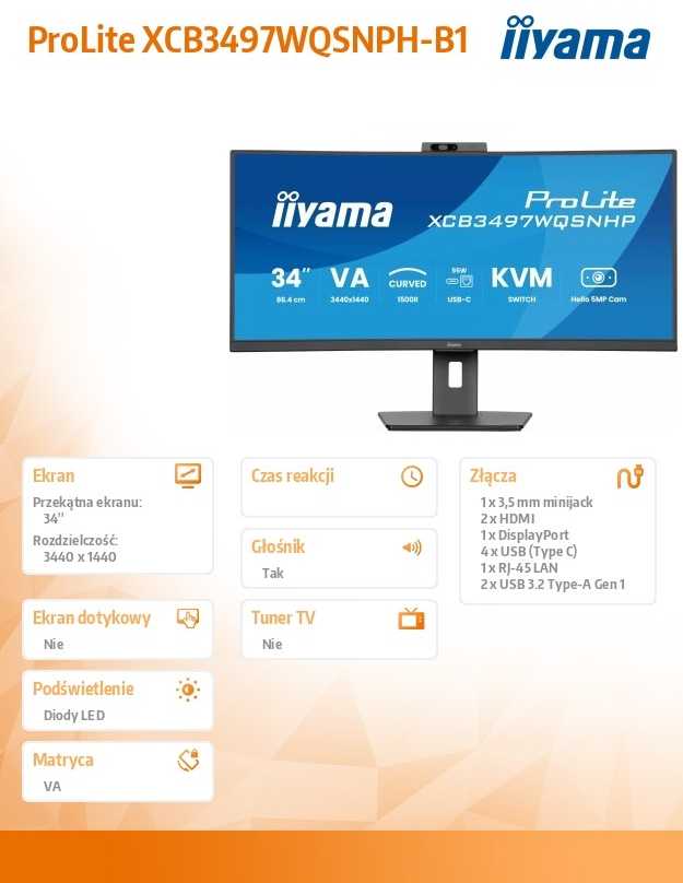 Monitorius „iiyama ProLite XCB3497WQSNPH-B1“ – 120 Hz | UWQHD | 34 colių | VA | 0,4 ms + „Norton Small Business“
