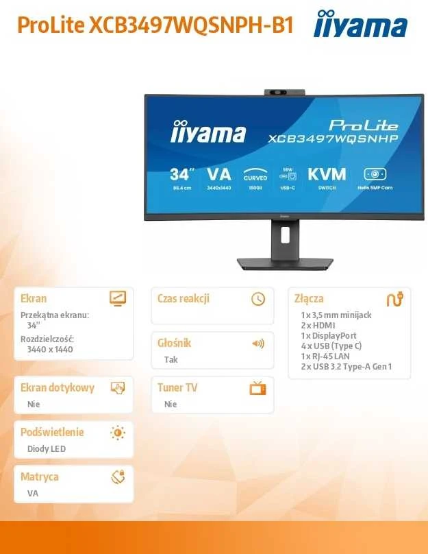 Monitorius iiyama ProLite XCB3497WQSNPH-B1 - 120Hz | UWQHD | 34'' | VA | 0.4ms