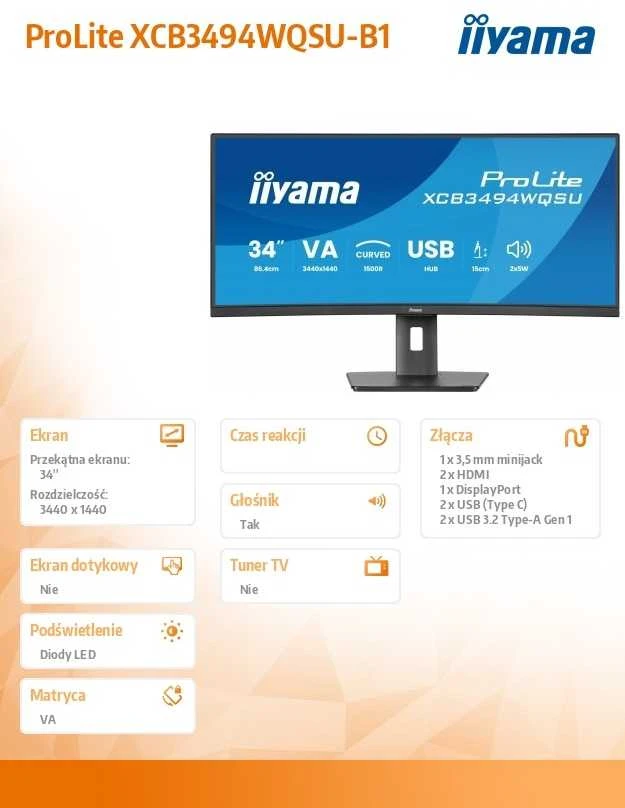Monitorius iiyama ProLite XCB3494WQSU-B1 | 120Hz | UWQHD | 34'' | VA | 0,4 ms
