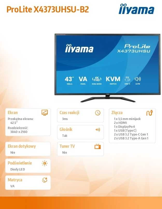Monitorius iiyama ProLite X4373UHSU-B2 - 60Hz | 4K | VA | 43" | 3ms | HDR10