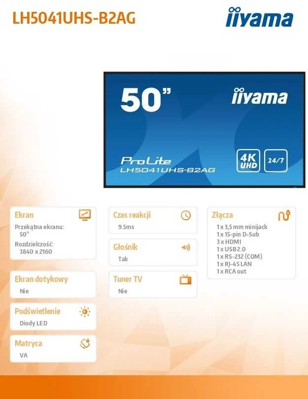 Monitorius IIYAMA LH5041UHS-B2AG 50 colių 3840 x 2160 UHD VA skydelis 500 cd/m2 5000:1 statinis kontrastas 9,5 ms kraštovaizdžio arba portreto režimas