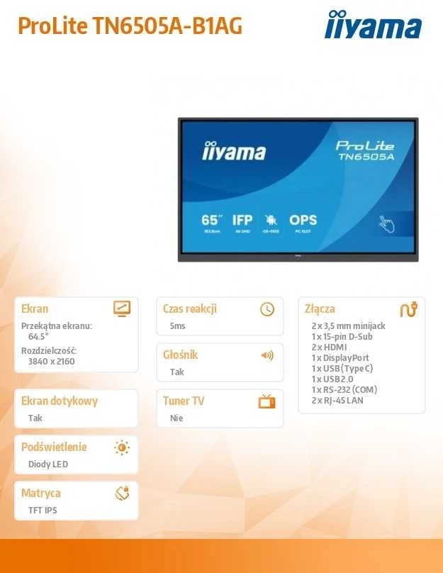 Monitorius Iiyama TN6505A-B1AG 65IN UHD - IR 40P TOUCH AG WITH NO-OS