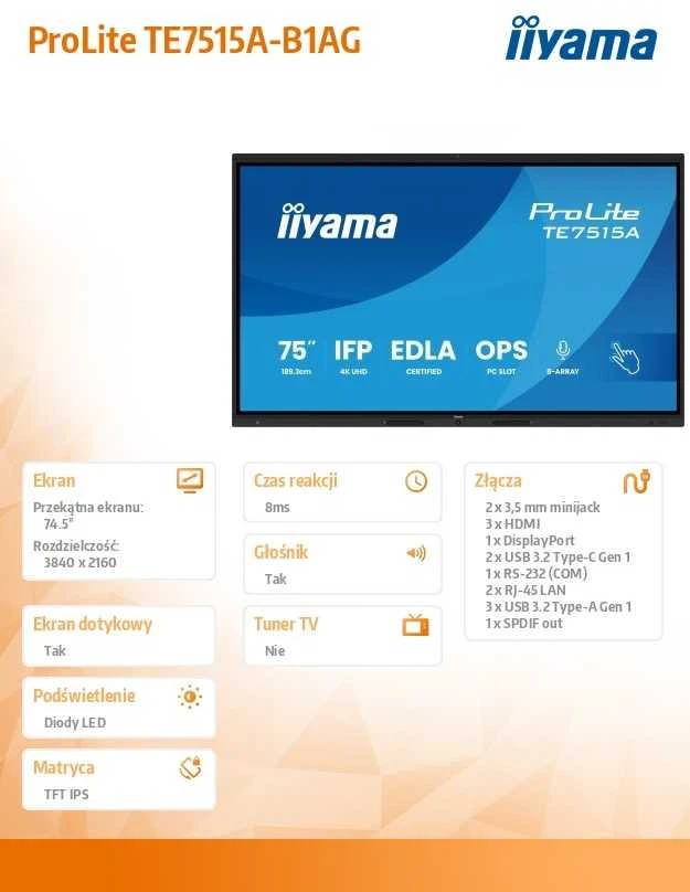 „Iiyama“ 75 colių stilingas IFP monitorius, „iiWare21E“ (EDLA – „Google“ GMS programėlės), „Android 14“, 16/128 GB, 40 taškų „DeepContrast IR+“ su optiniu sujungimu, 3840x2160, UHD IPS panelė