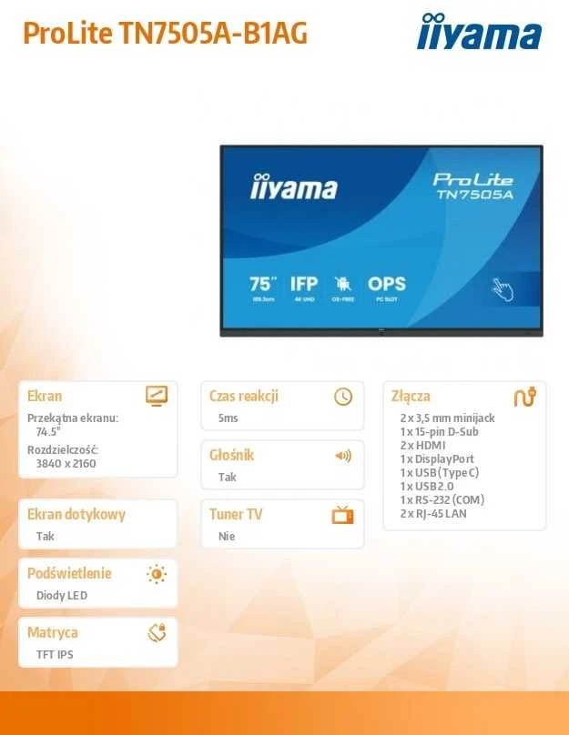 Monitorius Iiyama TN7505A-B1AG 75IN UHD - IR 40P TOUCH AG WITH NO-OS