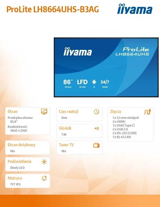 Monitorius iiyama ProLite LH8664UHS-B3AG