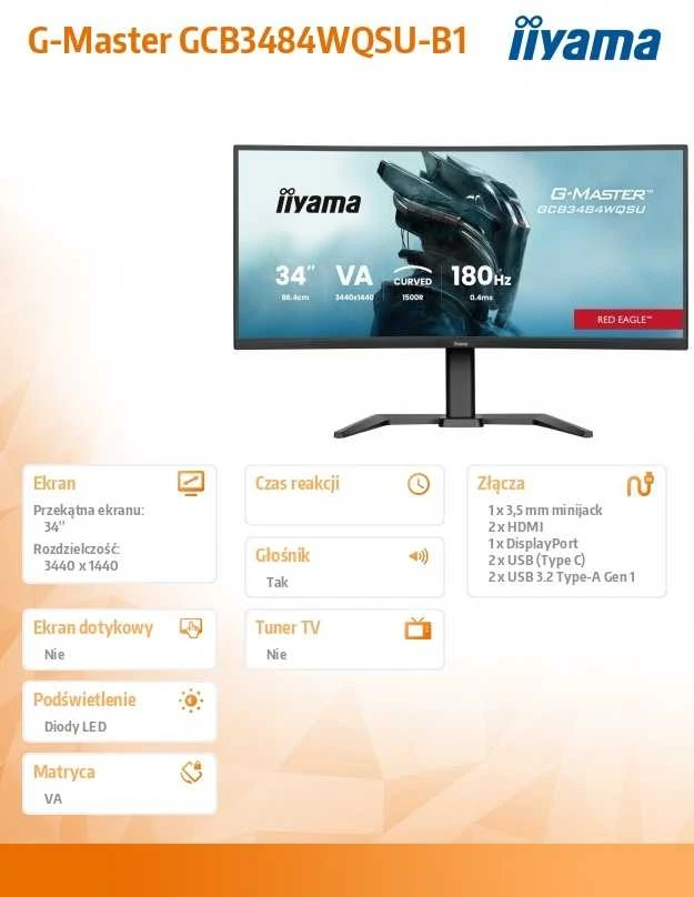Monitorius „iiyama G-Master GCB3484WQSU-B1 Raudona Eagle“ – 180 Hz | UWQHD | 34 colių | VA | 0,4 ms