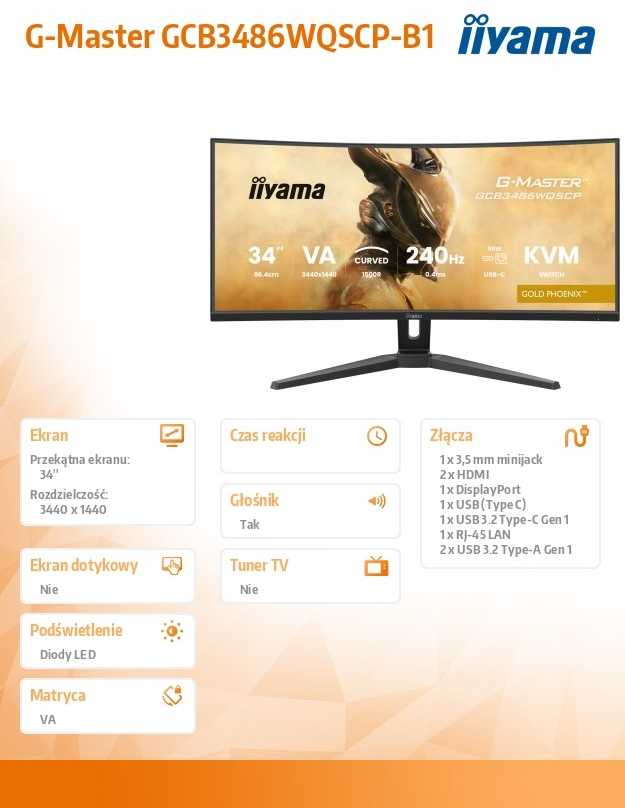 iiyama G-MASTER GCB3486WQSCP-B1 computer monitorius 86.4 cm (34") 3440 x 1440 pikselių UltraWide Quad HD Juodas