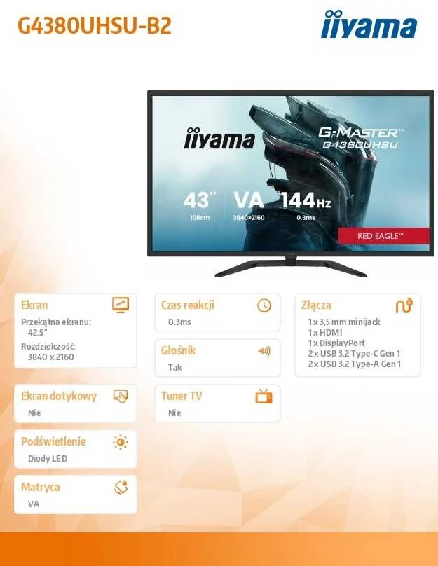 Monitorius iiyama G-Master G4380UHSU-B2 Raudona Eagle - 144Hz | 4K | VA | 42.5"