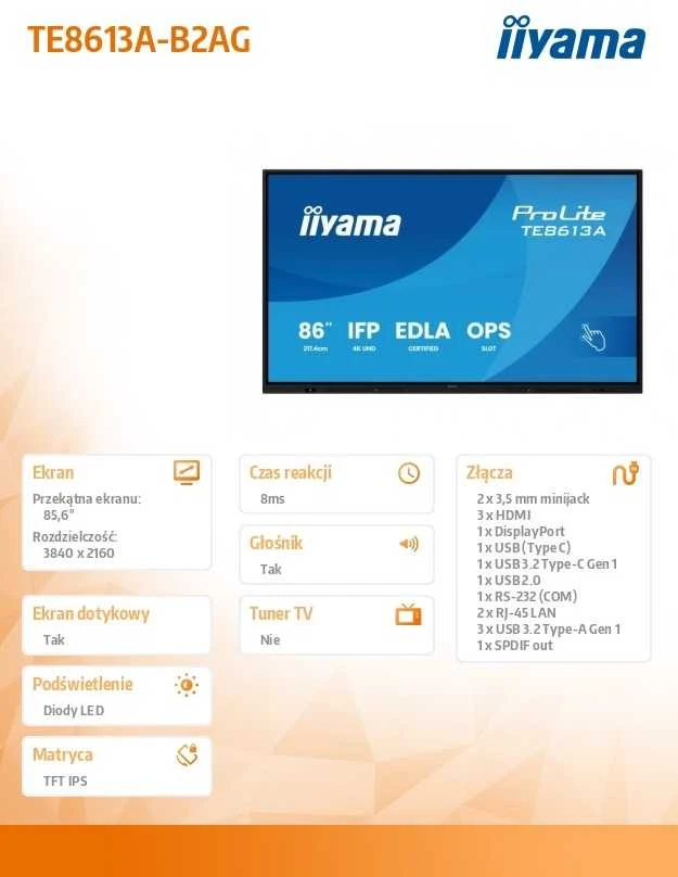 Monitorius Iiyama TE8613A-B2AG 86IN UHD IR 40P - TOUCH AG WITH INTERACTIVE ANDROI