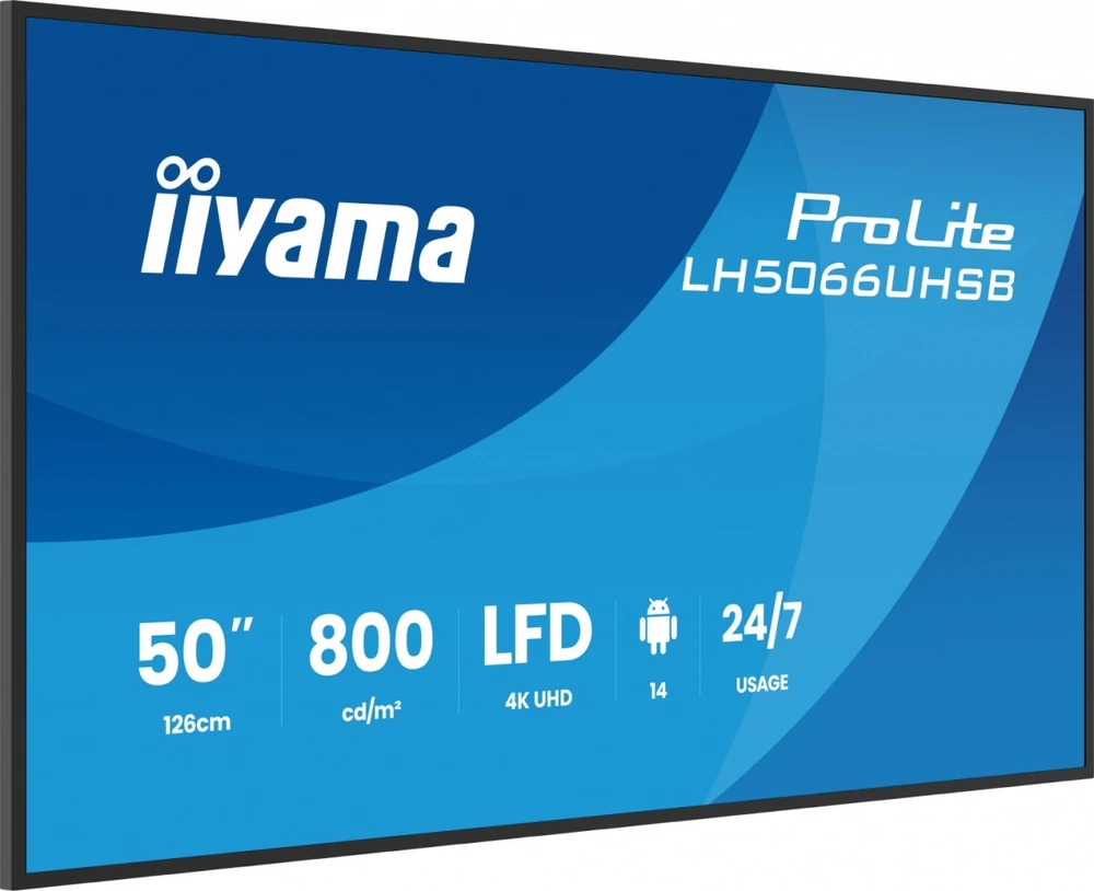Iiyama Monitorius profesionalus 50 colių LH5066UHSB-B1AG IPS, 4K, 800 cd, 1200:1, Android 14, 6,5 ms, 2xHDMI, USB-C, RJ45, 2xUSB, 2x10 W, WiFi, IIsignage 2, 4/32 GB
