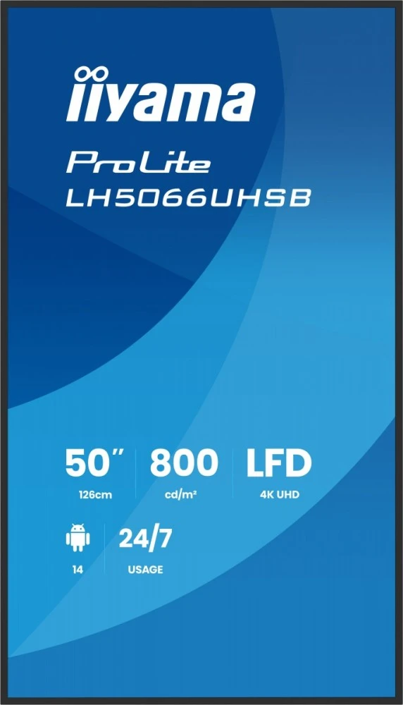 Iiyama Monitorius profesionalus 50 colių LH5066UHSB-B1AG IPS, 4K, 800 cd, 1200:1, Android 14, 6,5 ms, 2xHDMI, USB-C, RJ45, 2xUSB, 2x10 W, WiFi, IIsignage 2, 4/32 GB