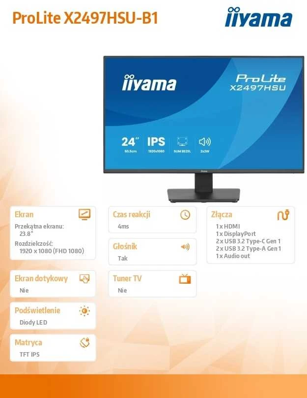 iiyama ProLite X2497HSU-B1 computer monitorius 60.5 cm (23.8") 1920 x 1080 pikselių Full HD LED Juodas
